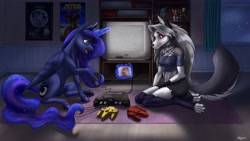 Size: 6400x3600 | Tagged: safe, artist:kehnnyjoge, imported from derpibooru, princess luna, anthro, pony, wolf, gamer luna, absurd resolution, controller, furry, helluva boss, joystick, loona (helluva boss), magic, poster, toy