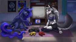 Size: 6400x3600 | Tagged: safe, artist:kehnnyjoge, imported from derpibooru, princess luna, anthro, pony, wolf, gamer luna, absurd resolution, controller, furry, helluva boss, joystick, loona (helluva boss), magic, nintendo 64, poster, super smash bros., toy, video game console