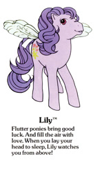 Size: 550x1000 | Tagged: safe, imported from derpibooru, lily (g1), flutter pony, pegasus, pony, bow, cute, female, g1, g1 backstory, g1 lilybetes, mare, my little pony fact file, official, open mouth, open smile, smiling, solo, tail, tail bow, text