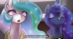 Size: 3775x2050 | Tagged: safe, artist:maretheory.exe, imported from derpibooru, princess celestia, princess luna, cigarette, expressionless face, eyes closed, meme, smoking, subtitles, the orville