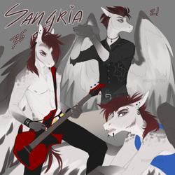 Size: 2000x2000 | Tagged: safe, artist:dementra369, imported from derpibooru, oc, oc only, oc:sangria, anthro, pegasus, clothes, facial hair, guitar, male, musical instrument, nudity, partial nudity, piercing, self paradox, solo, spread wings, winged anthro, wings