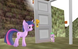 Size: 1920x1200 | Tagged: safe, artist:puzzlshield2, imported from derpibooru, spike, twilight sparkle, dragon, pony, unicorn, boast busters, season 1, 3d, door, duo, hazy maze cave, hoof fluff, horn, mmd, my little pony, png, recreation, remake, render, simple background, super mario 64, super mario bros., transparent background, unicorn twilight, unimpressed