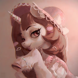 Size: 1920x1920 | Tagged: safe, artist:rvsd, imported from derpibooru, oc, oc only, pony, unicorn, bracelet, bust, clothes, commission, female, hat, horn, jewelry, lidded eyes, lipstick, looking at you, mare, solo, unicorn oc