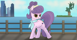 Size: 4096x2160 | Tagged: safe, artist:suryfromheaven, imported from derpibooru, suri polomare, earth pony, clothes, coast, female, looking at you, manehattan, mare, ocean, pose, scarf, simple background, statue of liberty, water