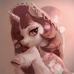 Size: 2560x2560 | Tagged: safe, artist:rvsd, imported from derpibooru, oc, oc only, pony, unicorn, bracelet, bust, clothes, commission, female, hat, horn, jewelry, lidded eyes, lipstick, looking at you, mare, solo, unicorn oc