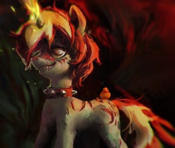 Size: 2125x1798 | Tagged: safe, artist:rvsd, imported from derpibooru, oc, oc only, bird, duck, pony, unicorn, abstract background, collar, horn, magic, male, riding, riding a pony, scar, sharp teeth, smiling, solo, spiked collar, stallion, teeth