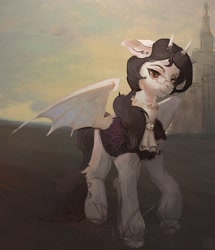 Size: 2204x2560 | Tagged: safe, artist:rvsd, imported from derpibooru, oc, oc only, oc:draconis taaldis, bat pony, pony, castle, clothes, commission, fangs, glasses, horns, outdoors, slit pupils, solo