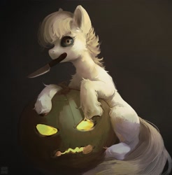 Size: 2515x2560 | Tagged: safe, artist:rvsd, imported from derpibooru, oc, oc only, earth pony, pony, black sclera, halloween, high res, holiday, jack-o-lantern, knife, looking at you, mouth hold, pumpkin, sitting, solo