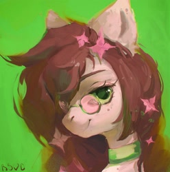 Size: 2543x2560 | Tagged: safe, artist:rvsd, imported from derpibooru, oc, oc only, pony, bust, choker, commission, female, flower, flower in hair, glasses, green background, mare, simple background, solo