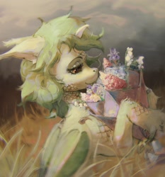 Size: 2383x2560 | Tagged: safe, artist:rvsd, imported from derpibooru, oc, oc only, dracony, dragon, hybrid, pony, bouquet, female, flower, horns, mare, solo, unshorn fetlocks