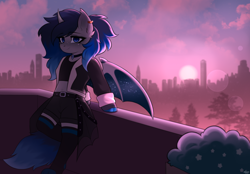 Size: 2880x2000 | Tagged: safe, artist:alunedoodle, imported from derpibooru, oc, oc only, bat pony, pony, belt, belt buckle, choker, clothes, cloud, ear piercing, earring, female, gem, jewelry, looking at you, piercing, scenery, short shirt, smiling, smiling at you, socks, solo, stockings, sunset, thigh highs, three toned mane, three toned tail, town