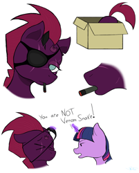 Size: 3300x4100 | Tagged: safe, artist:anix_space, derpibooru exclusive, imported from derpibooru, tempest shadow, twilight sparkle, unicorn, box, broken horn, butt, cigarette, duo, eye scar, eyepatch, facial scar, horn, magic, metal gear solid 5, scar, sketch, smoking, telekinesis