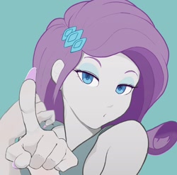 Size: 1932x1910 | Tagged: safe, artist:noupu, imported from derpibooru, rarity, human, equestria girls, blue background, bust, female, lidded eyes, long nails, looking at you, pointing at you, seductive look, simple background, solo