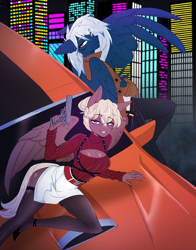 Size: 3090x3937 | Tagged: safe, artist:tomi_ouo, imported from derpibooru, oc, oc:frost spanner, oc:penny banks, anthro, pegasus, anime reference, blonde hair, blue eyes, blue fur, car, city, cityscape, clothes, cyberpunk, female, food, gun, high heels, jacket, leather, leather jacket, looking at you, lying down, male, mare, maroon, miniskirt, night, orange, riding bean, shoes, shoulder holster, skirt, stallion, sweater, sword, weapon, white mane