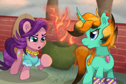 Size: 2100x1406 | Tagged: safe, artist:swasfews, imported from derpibooru, firecracker burst, spoiled rich, earth pony, unicorn, boots, brick wall, clothes, ear piercing, earring, fire, horn, jewelry, necklace, piercing, pointing, shoes