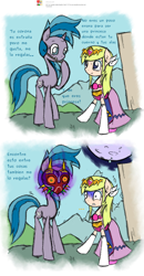 Size: 1280x2460 | Tagged: safe, artist:askaponywithbraces, imported from derpibooru, air way, pearly whites, pony, 2 panel comic, clothes, comic, dialogue, dress, ponified, princess zelda, spanish, the legend of zelda, the legend of zelda: majora's mask, translated in the description