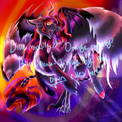 Size: 5800x5800 | Tagged: safe, artist:florarena-kitasatina/dragonborne fox, imported from derpibooru, oc, oc only, oc:dark reflections, alicorn, changeling, absurd resolution, drool, edgy, floppy ears, heterochromia, hybrid oc, hybrid wings, leonine tail, multicolored coat, multicolored hair, open mouth, raised leg, shrunken pupils, signature, tail, talons, twisted horn, wat, watermark, wide eyes, wings