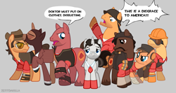 Size: 1875x1000 | Tagged: safe, artist:zeffdakilla, imported from derpibooru, pegasus, pony, unicorn, angry, demoman (tf2), disgusted, engineer (tf2), gray background, heavy weapons guy, horn, looking at someone, male, medic (tf2), ponified, sad, scout (tf2), simple background, sniper (tf2), soldier (tf2), speech bubble, spy (tf2), standing, talking, team fortress 2, text