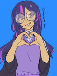 Size: 3072x4096 | Tagged: safe, artist:metaruscarlet, imported from derpibooru, twilight sparkle, human, alternate hairstyle, blue background, clothes, glasses, heart, humanized, simple background, solo