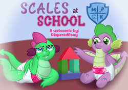 Size: 4960x3508 | Tagged: safe, artist:sweetielover, imported from derpibooru, spike, oc, oc:goldigony, dragon, comic:scales at school, blocks, bored, comic, diaper, dragoness, duo, female, folded wings, high res, letter, lying down, male, sitting, webcomic, wings