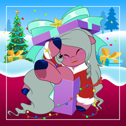 Size: 2048x2048 | Tagged: safe, artist:jhayarr23, imported from derpibooru, oc, oc only, oc:dawn blossom, earth pony, pony, :p, blushing, bow, christmas, christmas lights, christmas tree, clothes, costume, earth pony oc, hair bow, holiday, male, present, santa costume, snow, solo, stallion, tongue out, tree