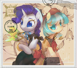 Size: 1904x1670 | Tagged: safe, artist:tingsan, imported from derpibooru, coco pommel, rarity, earth pony, pony, unicorn, bouquet, bow, canterlot lady, clothes, colored pupils, cute, dress, duo, duo female, ear piercing, earring, female, flower, hat, horn, jewelry, looking at you, mare, piercing, postcard, purse