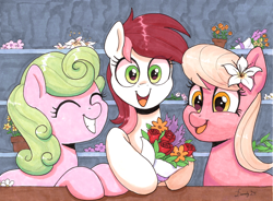 Size: 4776x3516 | Tagged: safe, artist:dandy, imported from derpibooru, daisy, flower wishes, lily, lily valley, roseluck, pony, bouquet, copic, eyes closed, female, flower, flower in hair, looking at you, mare, open mouth, open smile, rose, smiling, traditional art