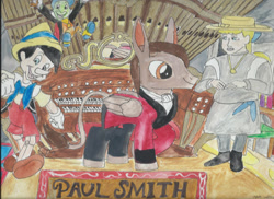 Size: 1024x745 | Tagged: safe, artist:merrittwilson, imported from derpibooru, donkey, pegasus, paul smith, pinocchio, pipe organ, traditional art