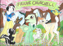 Size: 1024x745 | Tagged: safe, artist:merrittwilson, imported from derpibooru, butterfly, deer, human, pegasus, pony, skunk, bambi, butt, flower, frank churchill, male, plot, ponified, snow white, stallion, thumper (bambi), traditional art