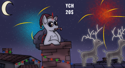 Size: 1440x788 | Tagged: safe, artist:thomas.senko, imported from derpibooru, oc, oc only, alicorn, changeling, deer, earth pony, griffon, pegasus, pony, reindeer, unicorn, friendship is magic, 2024, bag, brown eyes, changeling oc, chimney, christmas, christmas lights, clothes, colored, commission, costume, detailed background, digital art, ears up, female, fireworks, folded wings, front view, griffon oc, half moon, halfmoon, hat, holiday, horn, light, lights, looking back, male, mare, moon, mouth hold, my little pony, neighborhood, night, peppermint, pipe, reindeer horn, santa hat, shading, shadows, soft shading, solo, stallion, stars, wings, your character here