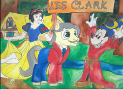 Size: 1024x745 | Tagged: safe, artist:merrittwilson, imported from derpibooru, earth pony, human, mouse, pony, les clark, mickey mouse, outdoors, ponified, snow white and the seven dwarfs, solo, traditional art