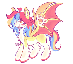 Size: 2199x1927 | Tagged: safe, artist:kaijulii, imported from derpibooru, oc, oc only, oc:pequeña piñata, bat pony, bat pony oc, bat wings, multicolored hair, multicolored mane, multicolored tail, paw wings, paws, simple background, solo, tail, transparent background, two toned coat, white fur, wings, yellow fur