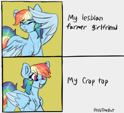 Size: 1762x1613 | Tagged: safe, artist:reddthebat, imported from derpibooru, rainbow dash, pegasus, pony, chest fluff, eye clipping through hair, eyes closed, female, folded wings, grin, hotline bling, implied appledash, implied applejack, implied lesbian, implied shipping, mare, meme, smiling, solo, spread wings, sternocleidomastoid, wings