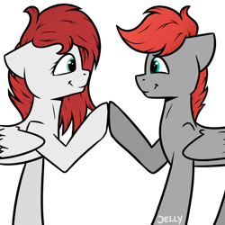 Size: 2000x2000 | Tagged: safe, artist:jellysketch, imported from derpibooru, oc, oc only, oc:cherry feather (pony), pegasus, pony, duo, eye contact, female, high res, hoofbump, looking at each other, looking at someone, mare, pegasus oc, profile, side view, simple background, smiling, smiling at each other, white background, wings