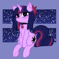 Size: 1012x1012 | Tagged: safe, artist:cutiesparke, imported from derpibooru, twilight sparkle, pony, unicorn, :o, alternate cutie mark, alternate design, alternate hairstyle, arm fluff, blushing, both cutie marks, butt fluff, cheek fluff, chest fluff, choker, chokertwi, collar, ear fluff, female, frog (hoof), hair accessory, head tilt, horn, lightly watermarked, open mouth, pink pupils, sitting, solo, underhoof, unicorn twilight, watermark