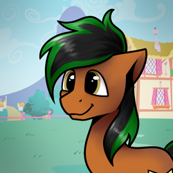 Size: 2000x2000 | Tagged: safe, artist:jellysketch, imported from derpibooru, oc, oc only, oc:patutu, earth pony, pony, building, commission, cute, daaaaaaaaaaaw, earth pony oc, high res, hill, house, male, ocbetes, outdoors, ponyville, smiling, solo, stallion, town