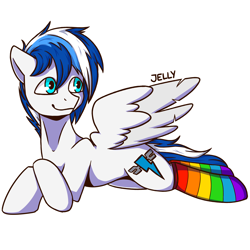 Size: 4000x4000 | Tagged: safe, artist:jellysketch, imported from derpibooru, oc, oc only, oc:danger above, pegasus, pony, absurd resolution, clothes, lying down, male, pegasus oc, rainbow socks, signature, simple background, smiling, socks, solo, spread wings, stallion, striped socks, white background, wings