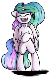 Size: 926x1356 | Tagged: safe, artist:jellysketch, imported from derpibooru, princess celestia, alicorn, pony, bipedal, cute, cutelestia, eyes closed, female, folded wings, front view, horn, laughing, mare, open mouth, open smile, simple background, smiling, solo, standing, tail, white background, wings