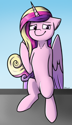 Size: 2298x4000 | Tagged: safe, artist:jellysketch, imported from derpibooru, princess cadance, alicorn, pony, belly, female, high res, horn, mare, sitting, smiling, solo, wings