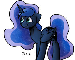 Size: 1032x826 | Tagged: safe, artist:jellysketch, imported from derpibooru, princess luna, alicorn, pony, ethereal mane, ethereal tail, female, folded wings, horn, mare, simple background, smiling, solo, standing, tail, white background, wings