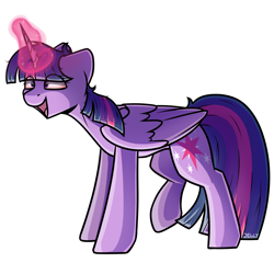 Size: 4000x4000 | Tagged: safe, artist:jellysketch, imported from derpibooru, twilight sparkle, alicorn, pony, absurd resolution, bloodshot eyes, crazy face, drugs, eye clipping through hair, faic, female, folded wings, glowing, glowing horn, highlight sparkle, horn, magic, magic aura, mare, open mouth, shading, shadow, simple background, solo, tail, twilight sparkle (alicorn), white background, wings