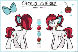 Size: 3000x2000 | Tagged: safe, artist:jellysketch, imported from derpibooru, oc, oc only, oc:choco cherry, earth pony, pony, bow, cherry, earth pony oc, female, food, hair bow, high res, mare, reference sheet, simple background, smiling, solo, tail, white background