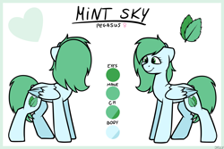 Size: 3000x2000 | Tagged: safe, artist:jellysketch, imported from derpibooru, oc, oc only, oc:mint sky, pegasus, pony, female, folded wings, heart, high res, mare, pegasus oc, reference sheet, simple background, smiling, solo, tail, white background, wings