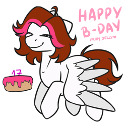 Size: 2000x2000 | Tagged: safe, artist:jellysketch, imported from derpibooru, oc, oc only, pegasus, pony, birthday, birthday art, birthday cake, birthday gift, cake, cute, eyes closed, female, food, heart, high res, mare, pegasus oc, simple background, smiling, solo, spread wings, white background, wings