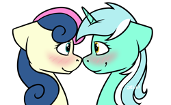 Size: 3000x1850 | Tagged: safe, artist:jellysketch, imported from derpibooru, bon bon, lyra heartstrings, sweetie drops, earth pony, pony, unicorn, adorabon, blushing, boop, bust, canon ship, cute, duo, duo female, eye contact, female, high res, horn, lesbian, looking at each other, looking at someone, lyrabetes, lyrabon, mare, noseboop, portrait, profile, shipping, side view, simple background, smiling, smiling at each other