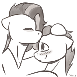 Size: 3000x3000 | Tagged: safe, artist:jellysketch, imported from derpibooru, oc, oc only, pegasus, pony, blushing, couple, cute, duo, eyes closed, forehead kiss, grayscale, high res, kissing, monochrome, oc x oc, profile, shipping, side view, simple background, sketch, smiling, white background