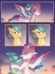 Size: 1477x2000 | Tagged: safe, artist:maxi_ponie, imported from derpibooru, hitch trailblazer, zipp storm, dragon, earth pony, pegasus, pony, baby, baby dragon, comic, dragons riding ponies, eyes closed, female, flying, g5, male, mama zipp, mare, open mouth, open smile, riding, riding a pony, smiling, sparky sparkeroni, stallion, trio