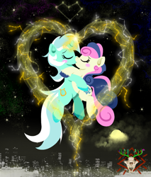 Size: 1325x1557 | Tagged: safe, artist:thornygiggles, imported from derpibooru, bon bon, lyra heartstrings, sweetie drops, earth pony, pony, unicorn, blush sticker, blushing, constellation, duo, embrace, eyes closed, female, flying, glowing, glowing horn, heart, horn, kissing, lesbian, lyrabon, magic, mare, night, shipping, sky, skyline, stars