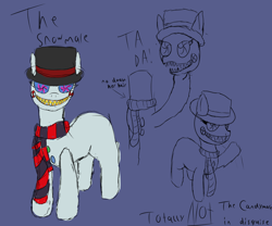 Size: 1200x1000 | Tagged: safe, artist:ponie pie, imported from derpibooru, oc, oc:candymare, original species, pony, fanfic:something sweet to bite, fanfic:the most horrible hearth's warming ever: a candy mare tale, clothes, doodle, fanfic art, hat, scarf, sharp teeth, snow, solo, teeth