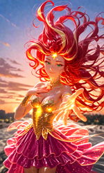 Size: 768x1280 | Tagged: safe, imported from derpibooru, sunset shimmer, human, pony, ai content, ai generated, blurry background, choker, clothes, cloud, dress, female, floating, floating hair, frilly, frilly skirt, glitter, glowing, gold, hand on chest, humanized, jewelry, long hair, prompter:sammykun, reaching towards you, shadow, shiny, skirt, sky, solo, sunset, wet